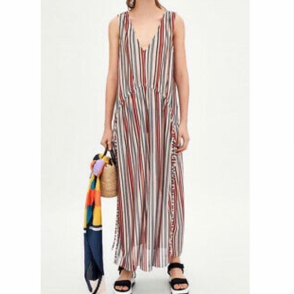 ZARA BLOGGER STRIPE BLACK RED PINK GOLD RUCHED BEACH MAXI DRESS COVER UP SIZE L